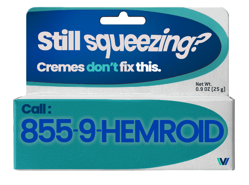 A hemorrhoid cream box reading “Still squeezing? Cremes don’t fix this. Call 855-9-HEMROID.”